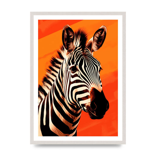 Zebra Portrait Intensified on Orange, print in an A2 white saw cut grain frame