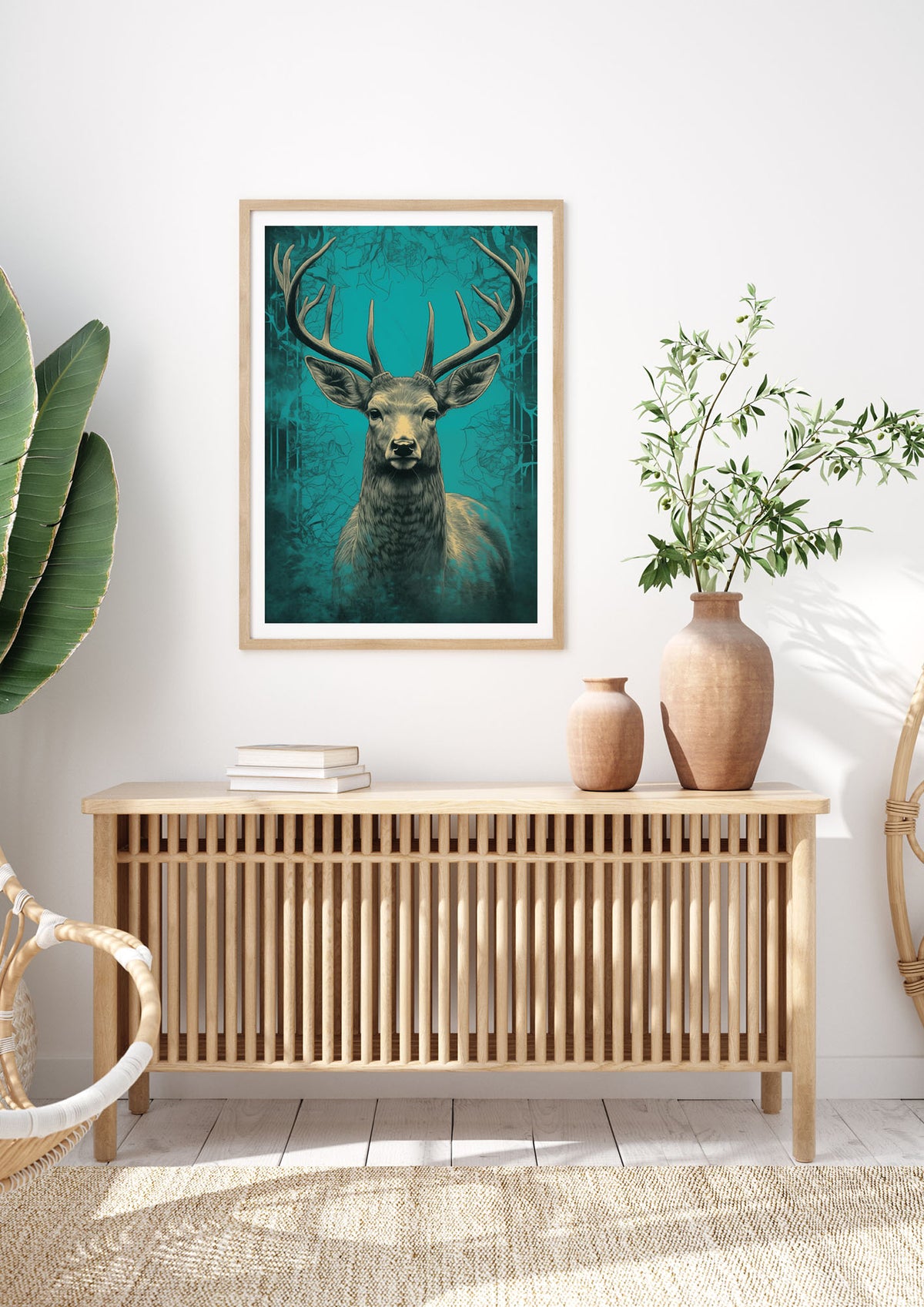 Vigilant Deer Ink Drawing on Teal