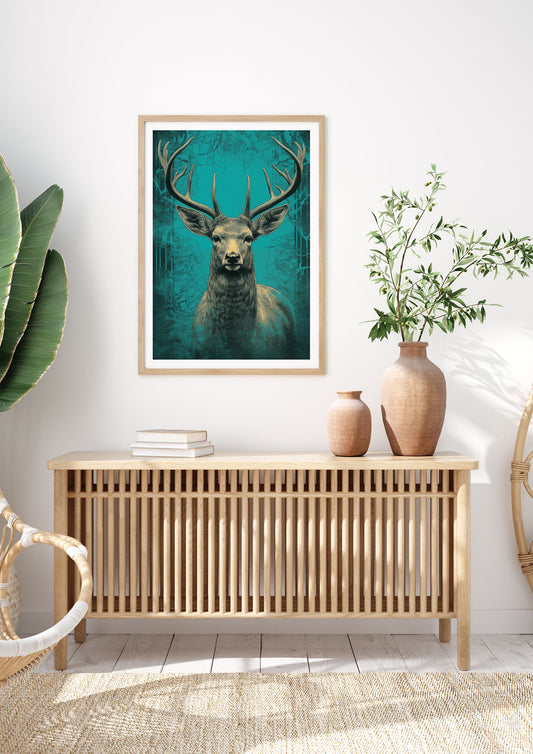Vigilant Deer Ink Drawing on Teal