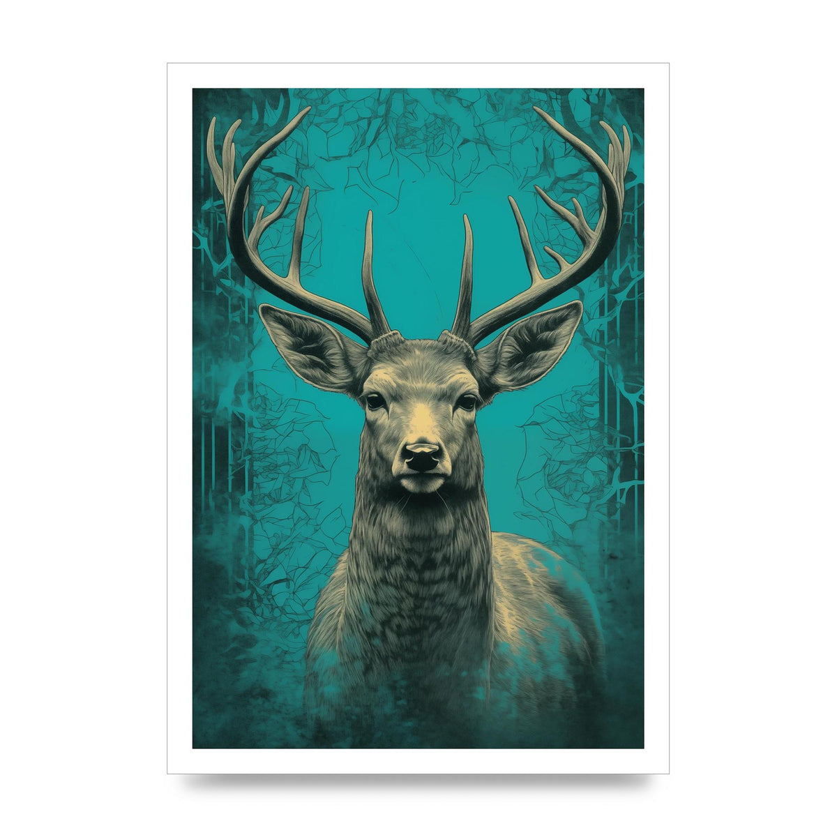 Vigilant Deer Ink Drawing on Teal