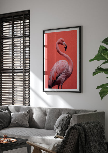Flamingo in Black and White on Coral