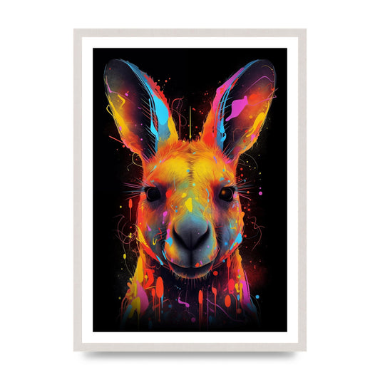 Neon Kangaroo Headshot with Vibrant Paint Drops, print in an A2 white saw cut grain frame
