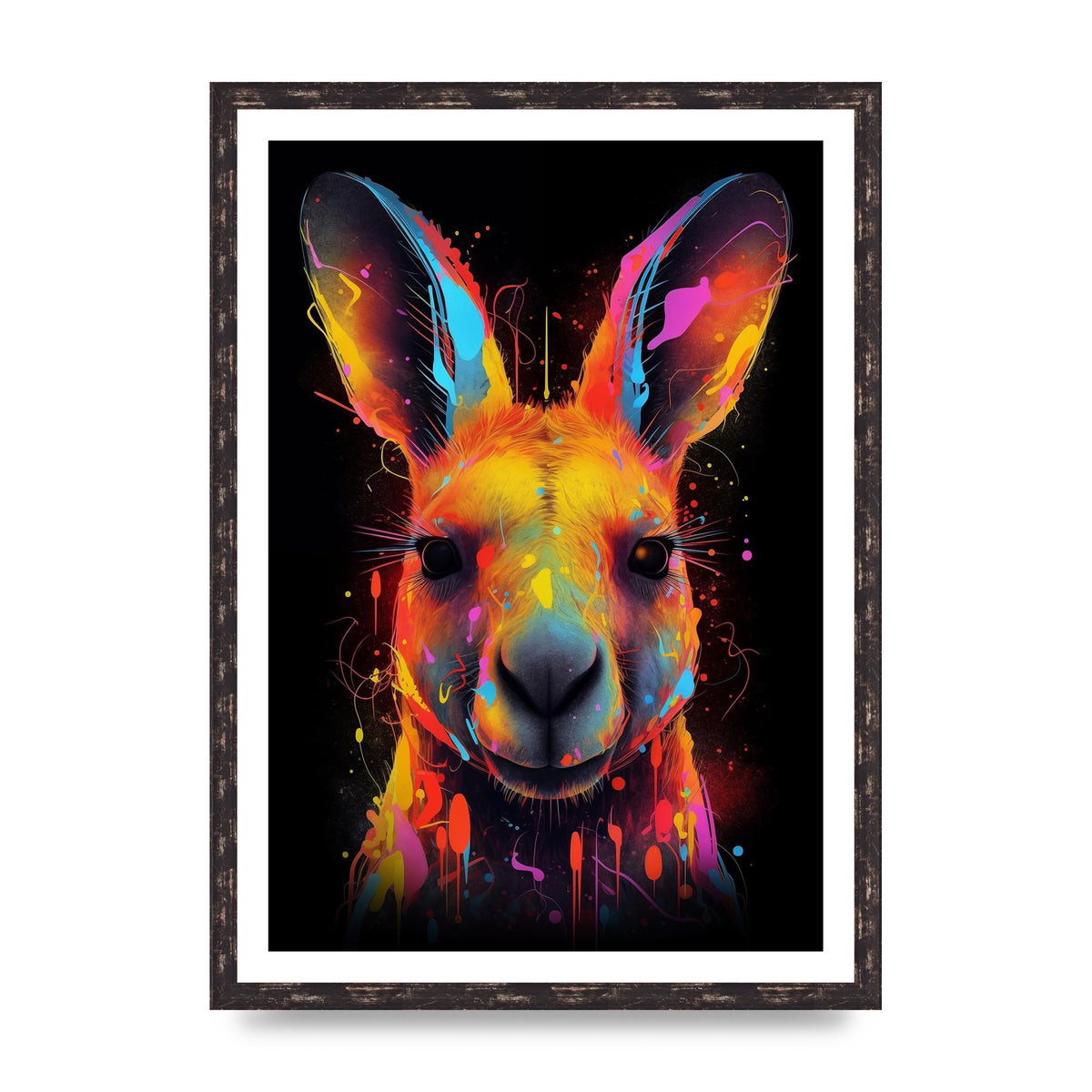 Neon Kangaroo Headshot with Vibrant Paint Drops