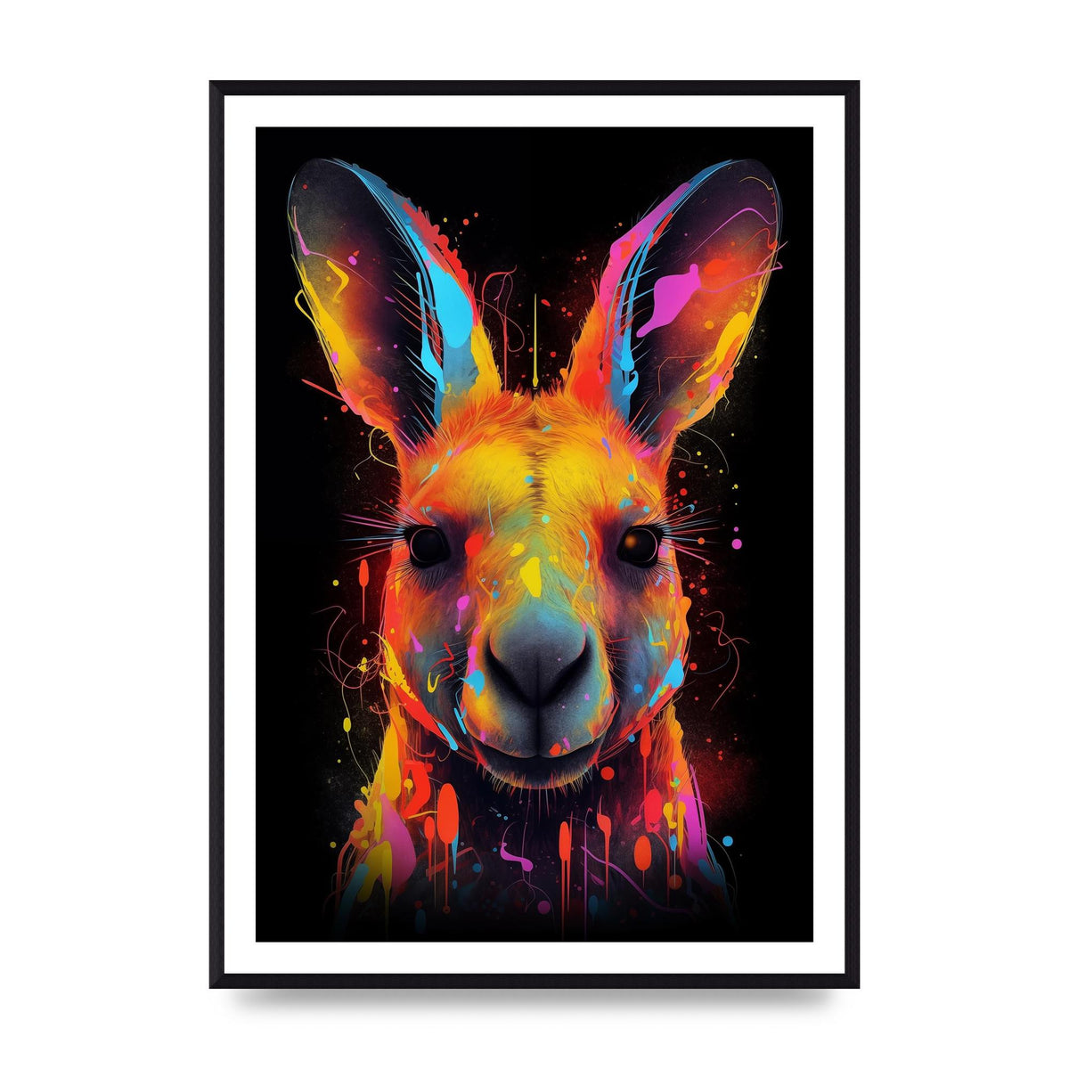 Neon Kangaroo Headshot with Vibrant Paint Drops