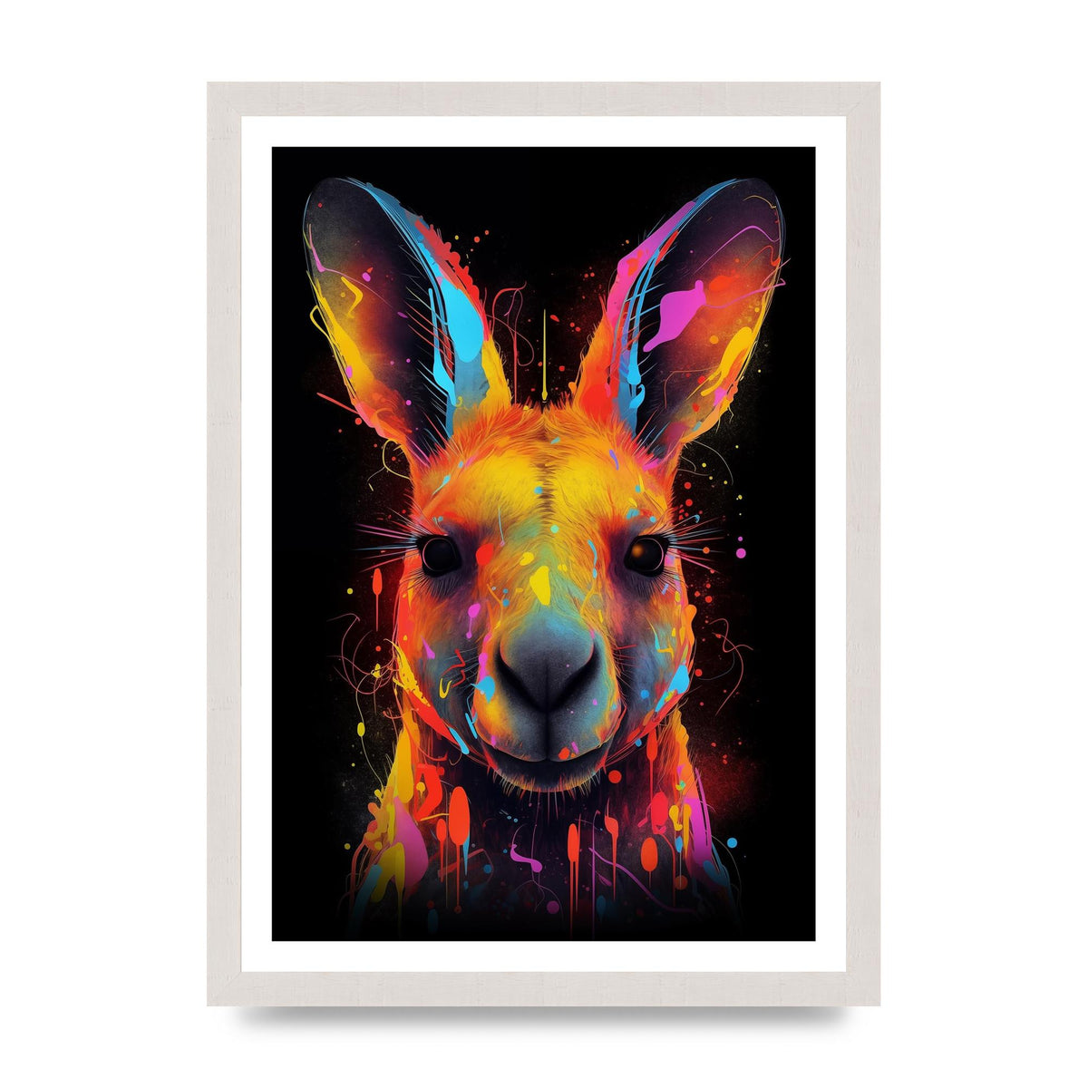 Neon Kangaroo Headshot with Vibrant Paint Drops