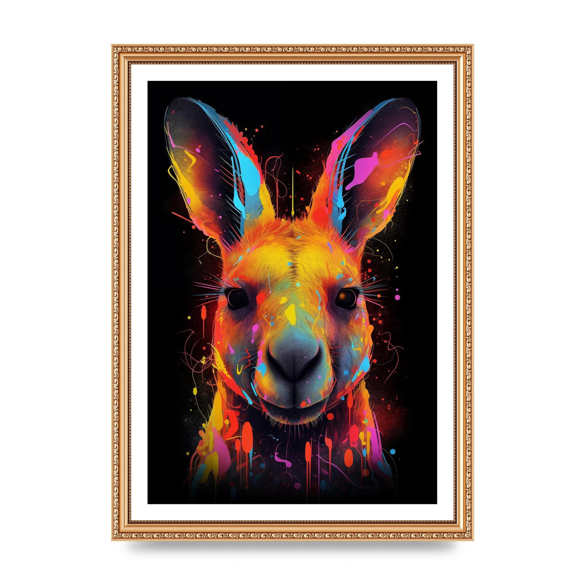 Neon Kangaroo Headshot with Vibrant Paint Drops