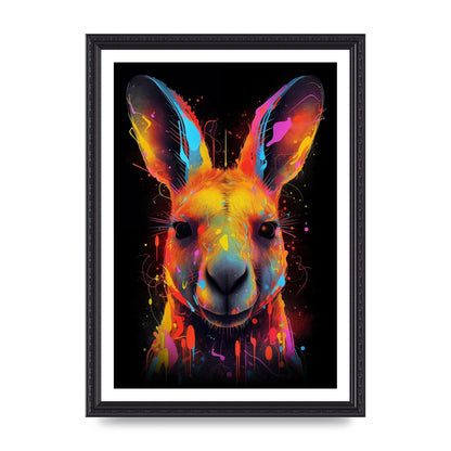 Neon Kangaroo Headshot with Vibrant Paint Drops