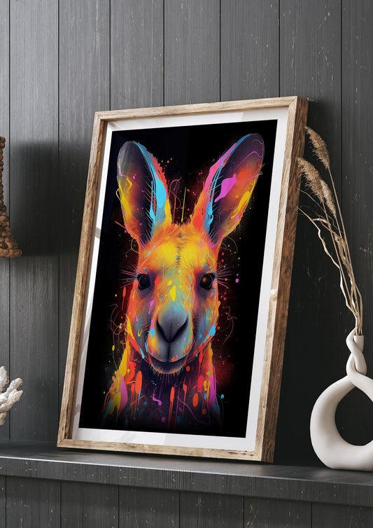 Neon Kangaroo Headshot with Vibrant Paint Drops