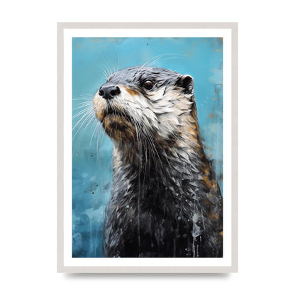 Otter in Black and White with Blue River Backdrop
