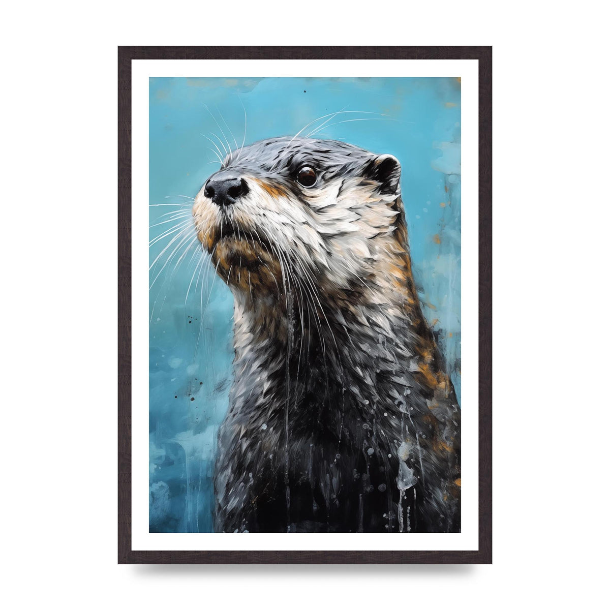 Otter in Black and White with Blue River Backdrop