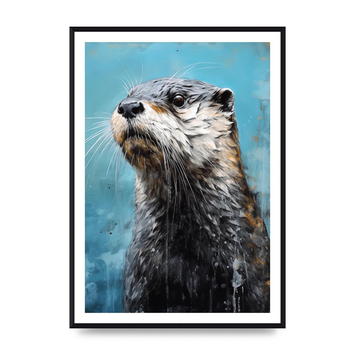 Otter in Black and White with Blue River Backdrop