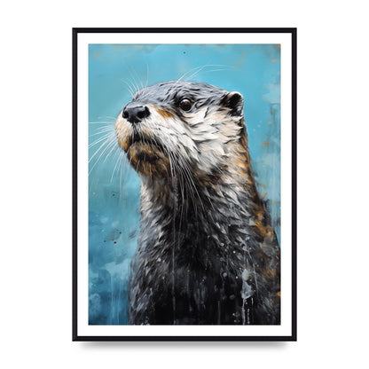 Otter in Black and White with Blue River Backdrop