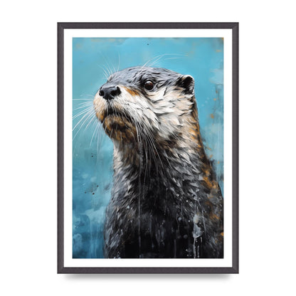 Otter in Black and White with Blue River Backdrop