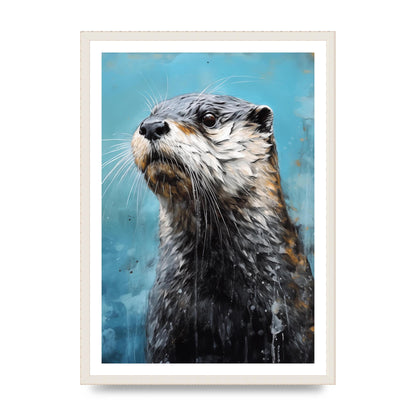 Otter in Black and White with Blue River Backdrop