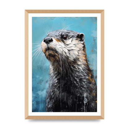 Otter in Black and White with Blue River Backdrop