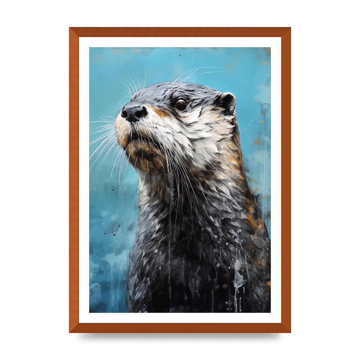 Otter in Black and White with Blue River Backdrop