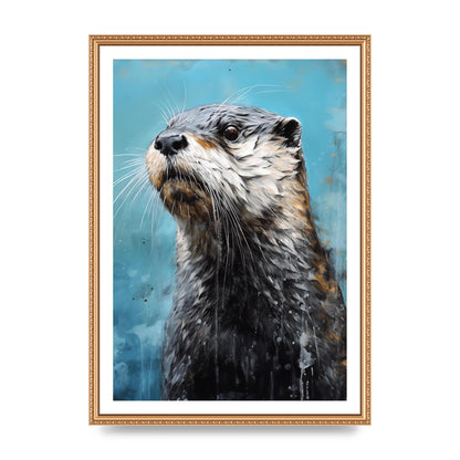 Otter in Black and White with Blue River Backdrop