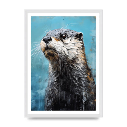 Otter in Black and White with Blue River Backdrop