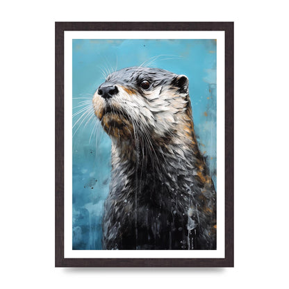 Otter in Black and White with Blue River Backdrop