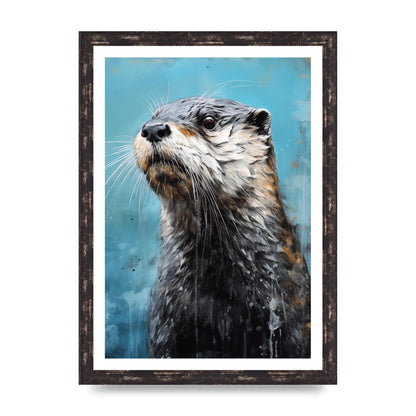 Otter in Black and White with Blue River Backdrop