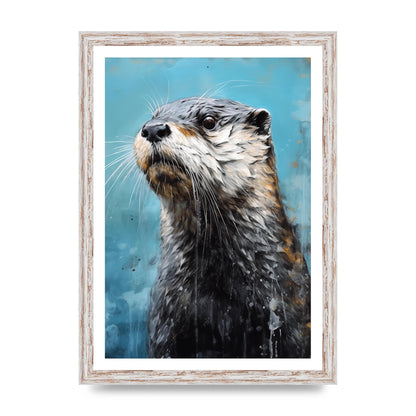 Otter in Black and White with Blue River Backdrop