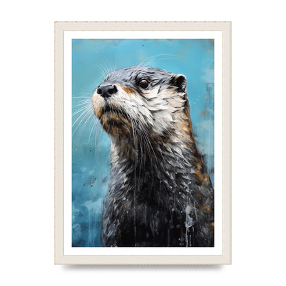 Otter in Black and White with Blue River Backdrop