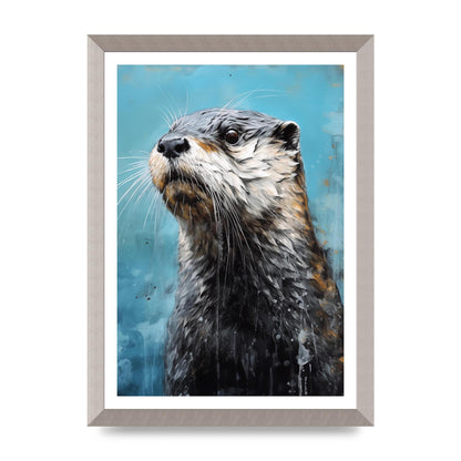 Otter in Black and White with Blue River Backdrop