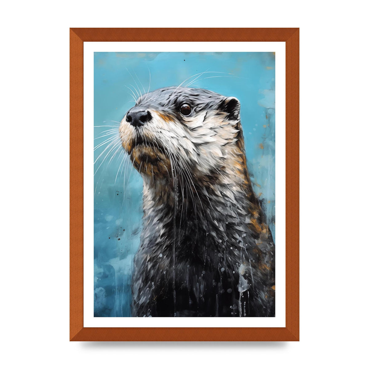 Otter in Black and White with Blue River Backdrop