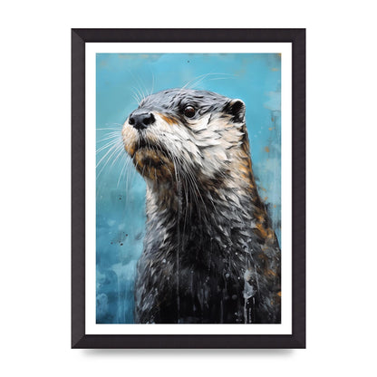Otter in Black and White with Blue River Backdrop