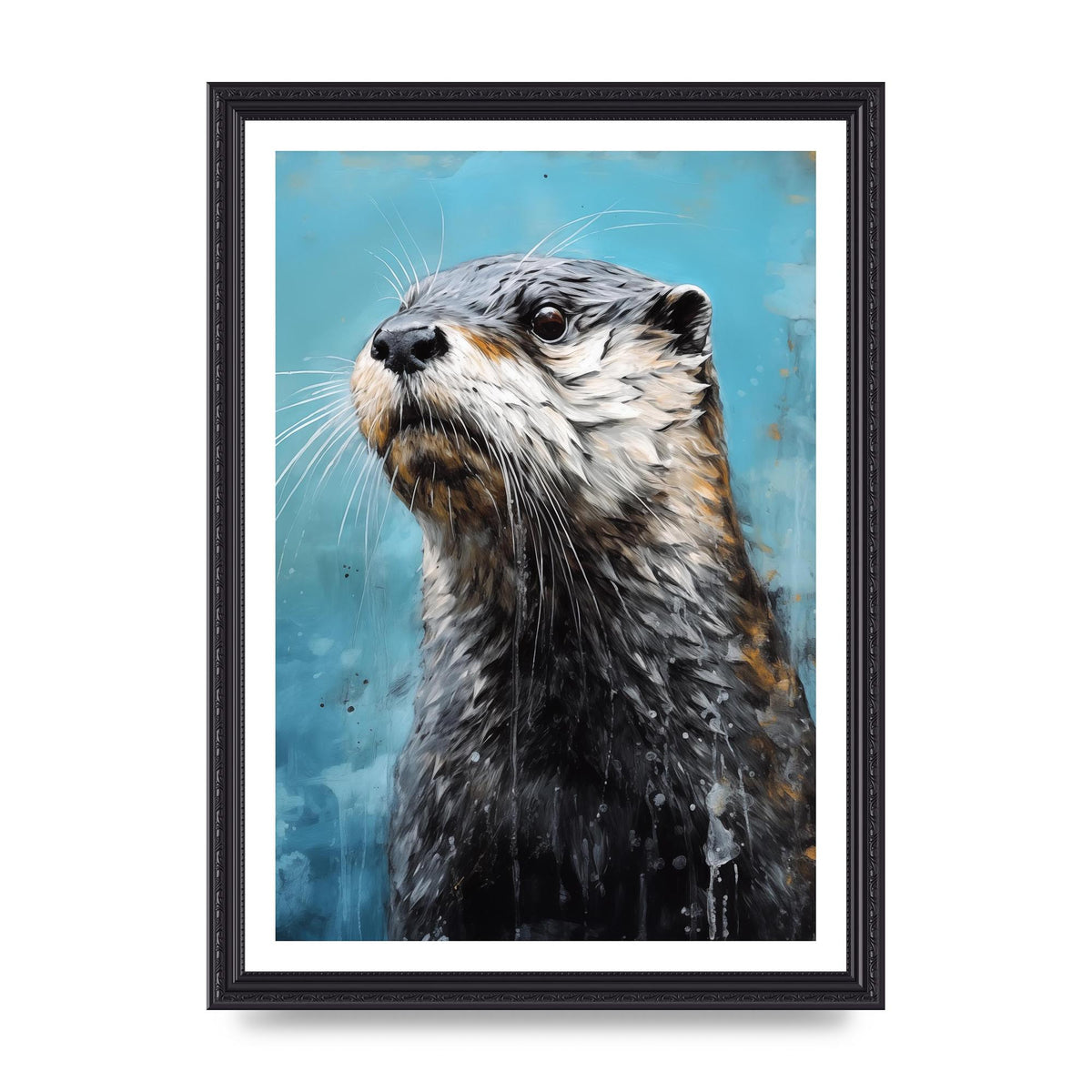 Otter in Black and White with Blue River Backdrop