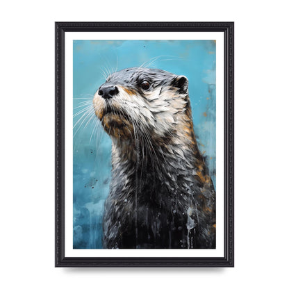 Otter in Black and White with Blue River Backdrop