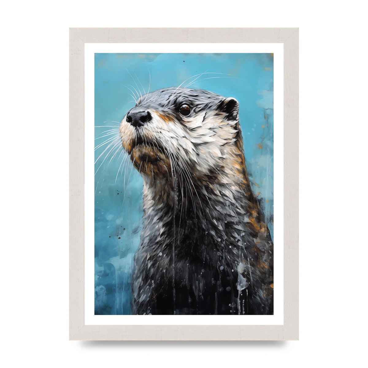 Otter in Black and White with Blue River Backdrop