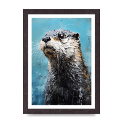 Otter in Black and White with Blue River Backdrop