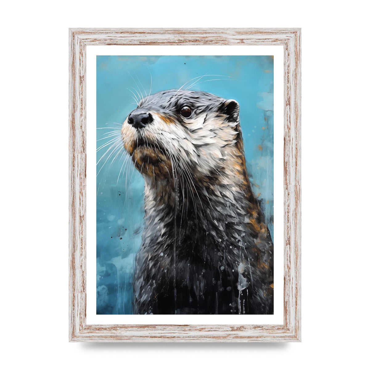 Otter in Black and White with Blue River Backdrop