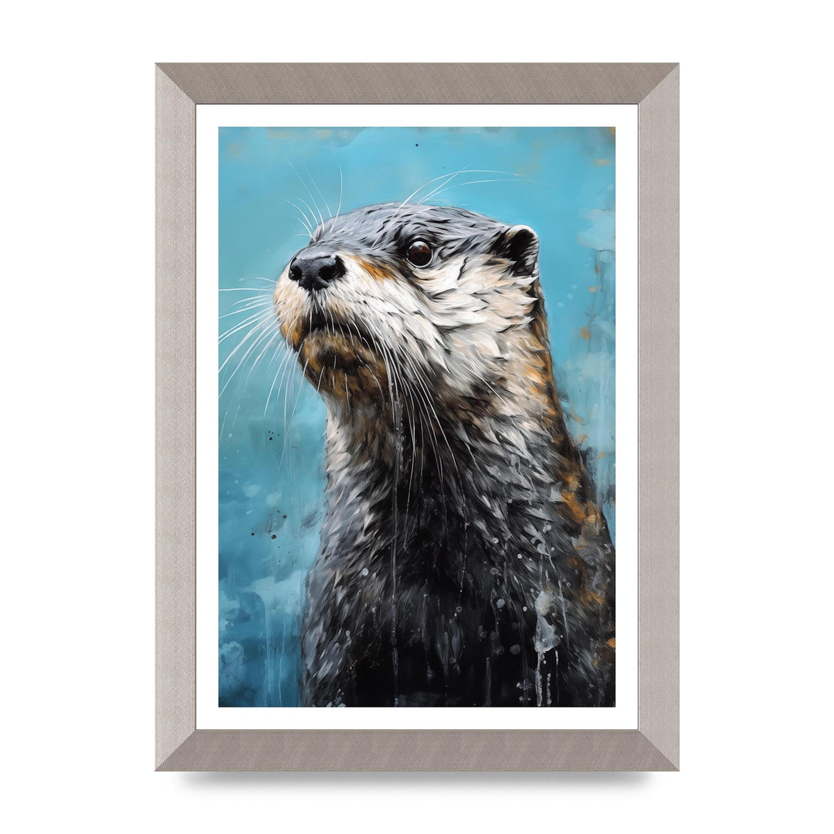 Otter in Black and White with Blue River Backdrop