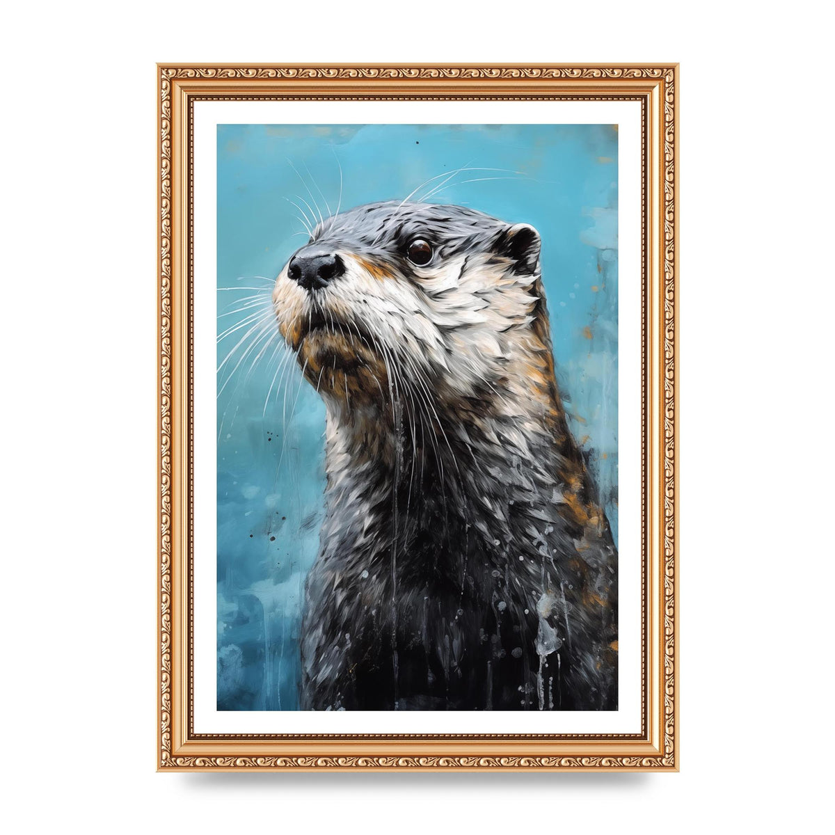 Otter in Black and White with Blue River Backdrop