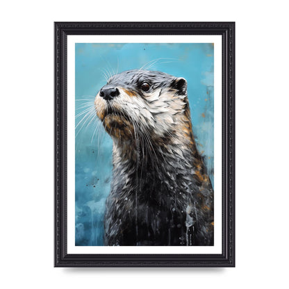 Otter in Black and White with Blue River Backdrop