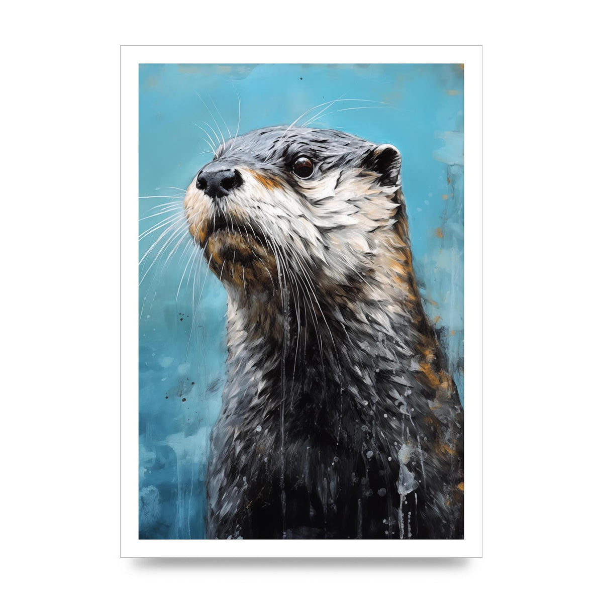 Otter in Black and White with Blue River Backdrop