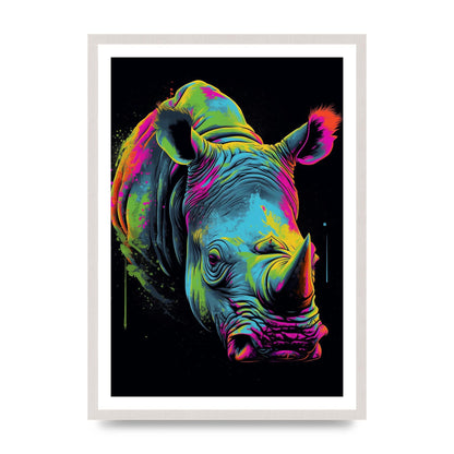 Vibrant Neon Rhino with Bold Paint Splashes, print in an A2 white saw cut grain frame