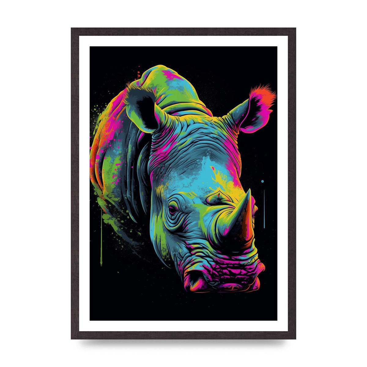 Vibrant Neon Rhino with Bold Paint Splashes