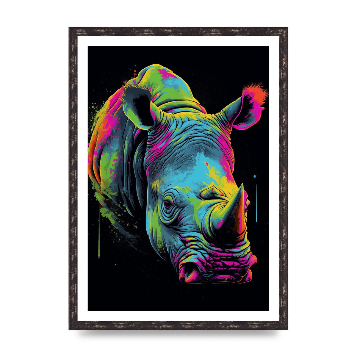 Vibrant Neon Rhino with Bold Paint Splashes