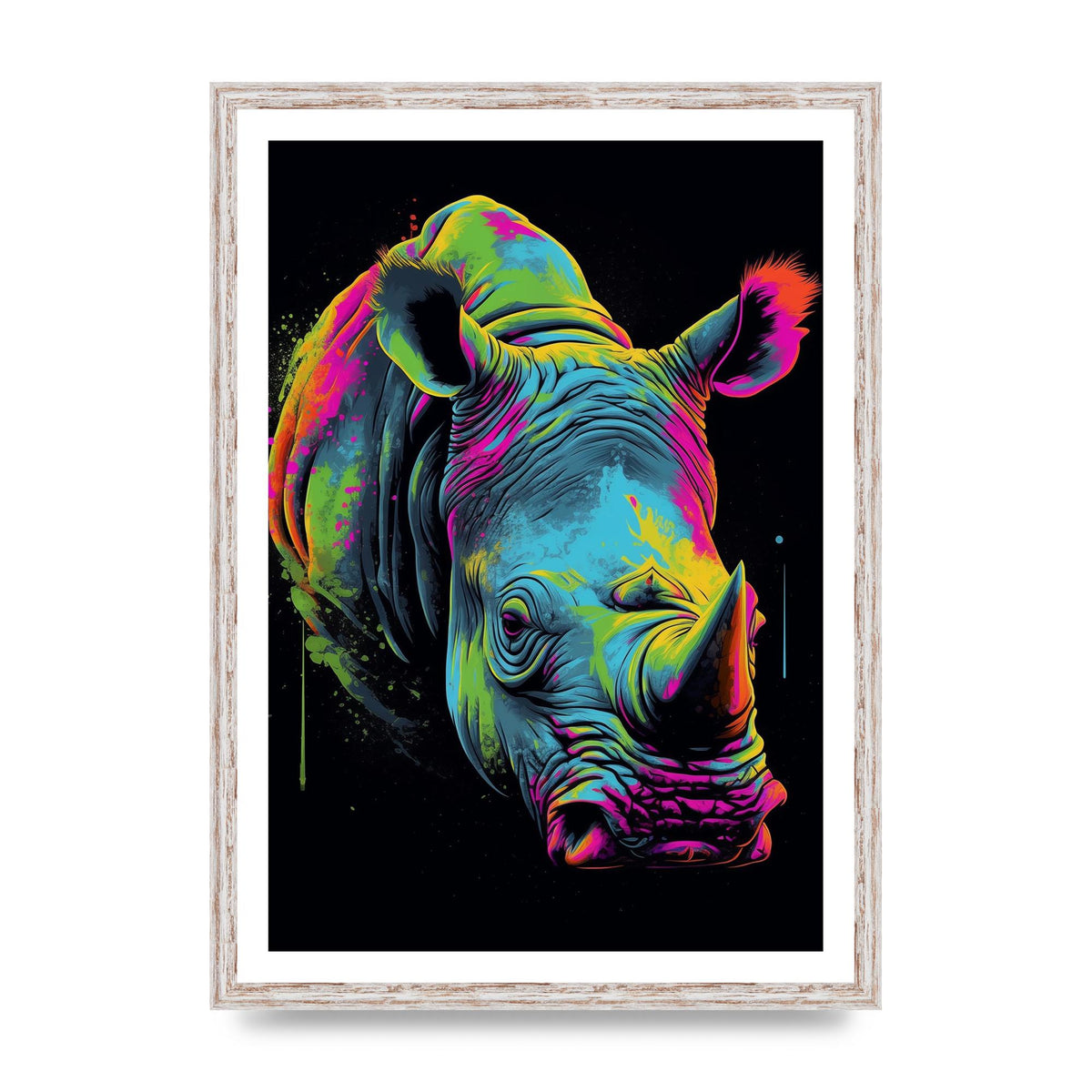 Vibrant Neon Rhino with Bold Paint Splashes