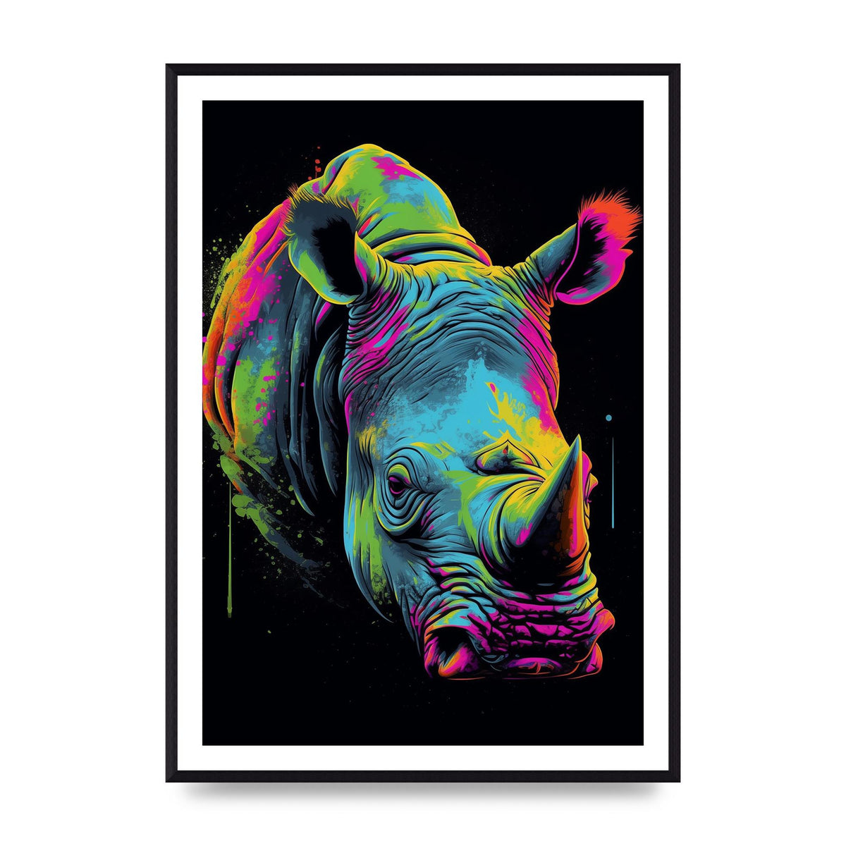 Vibrant Neon Rhino with Bold Paint Splashes