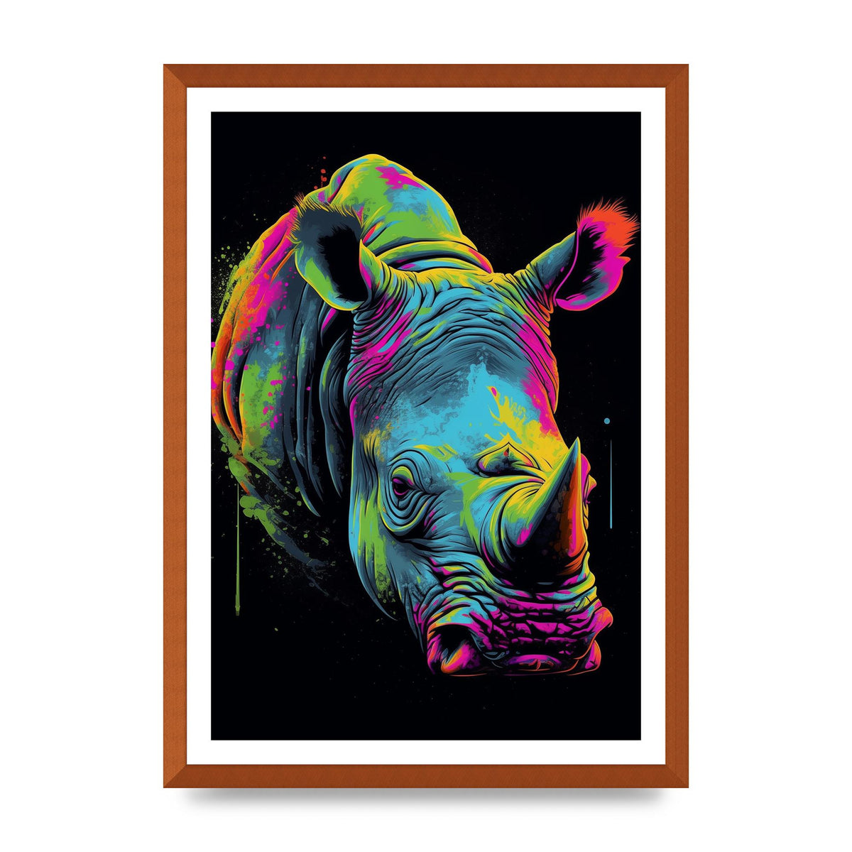 Vibrant Neon Rhino with Bold Paint Splashes
