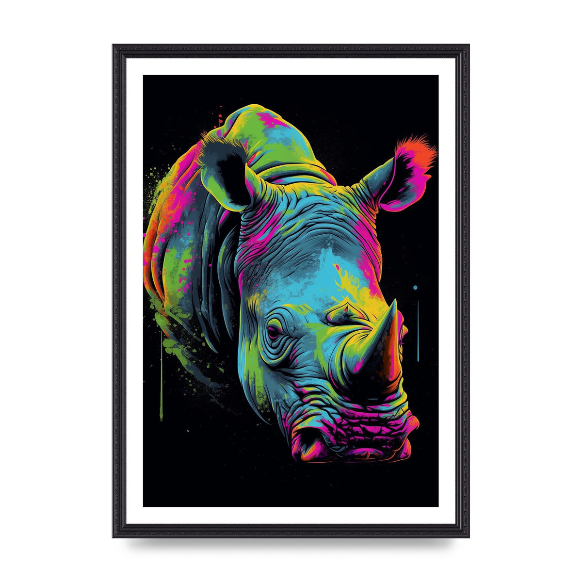 Vibrant Neon Rhino with Bold Paint Splashes