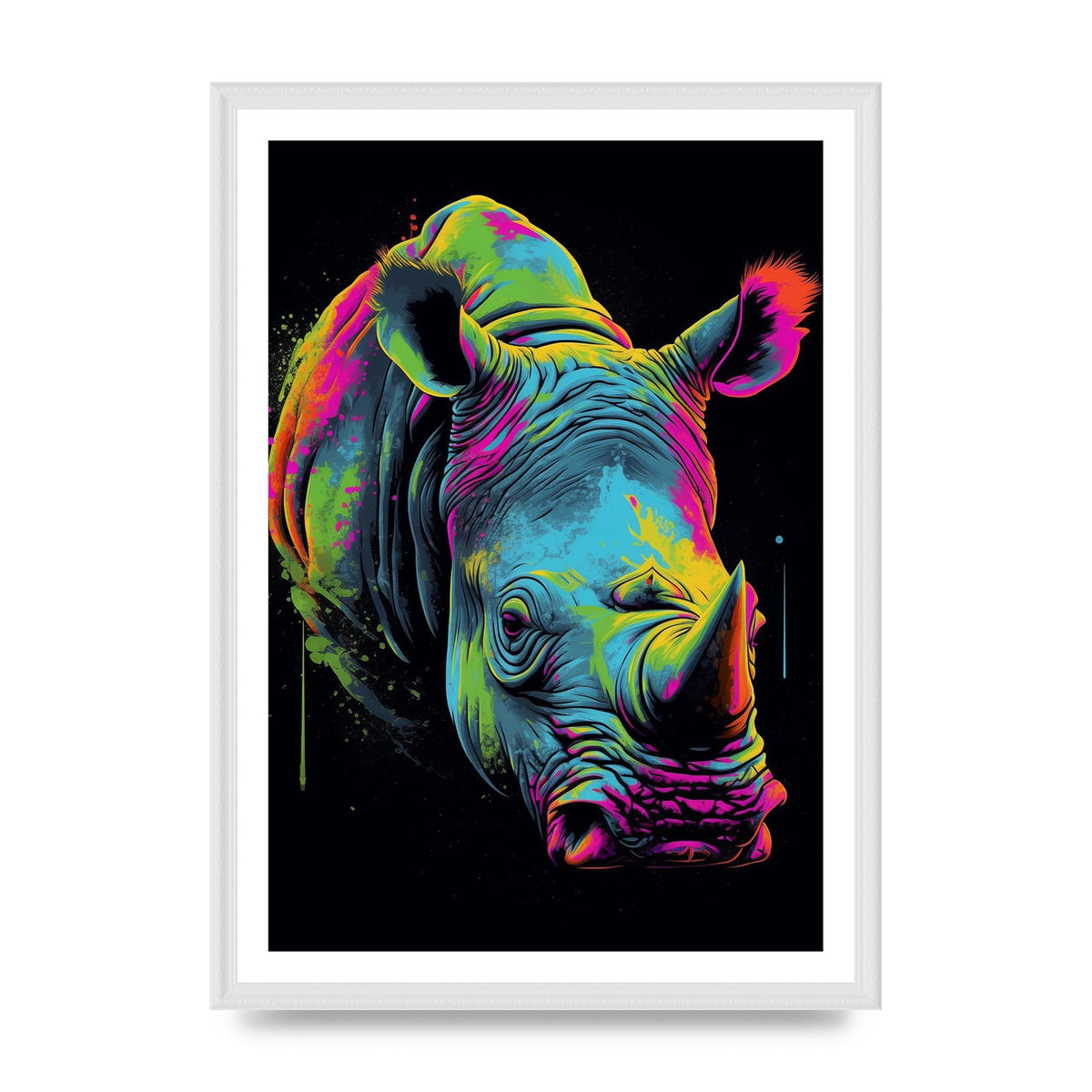 Vibrant Neon Rhino with Bold Paint Splashes