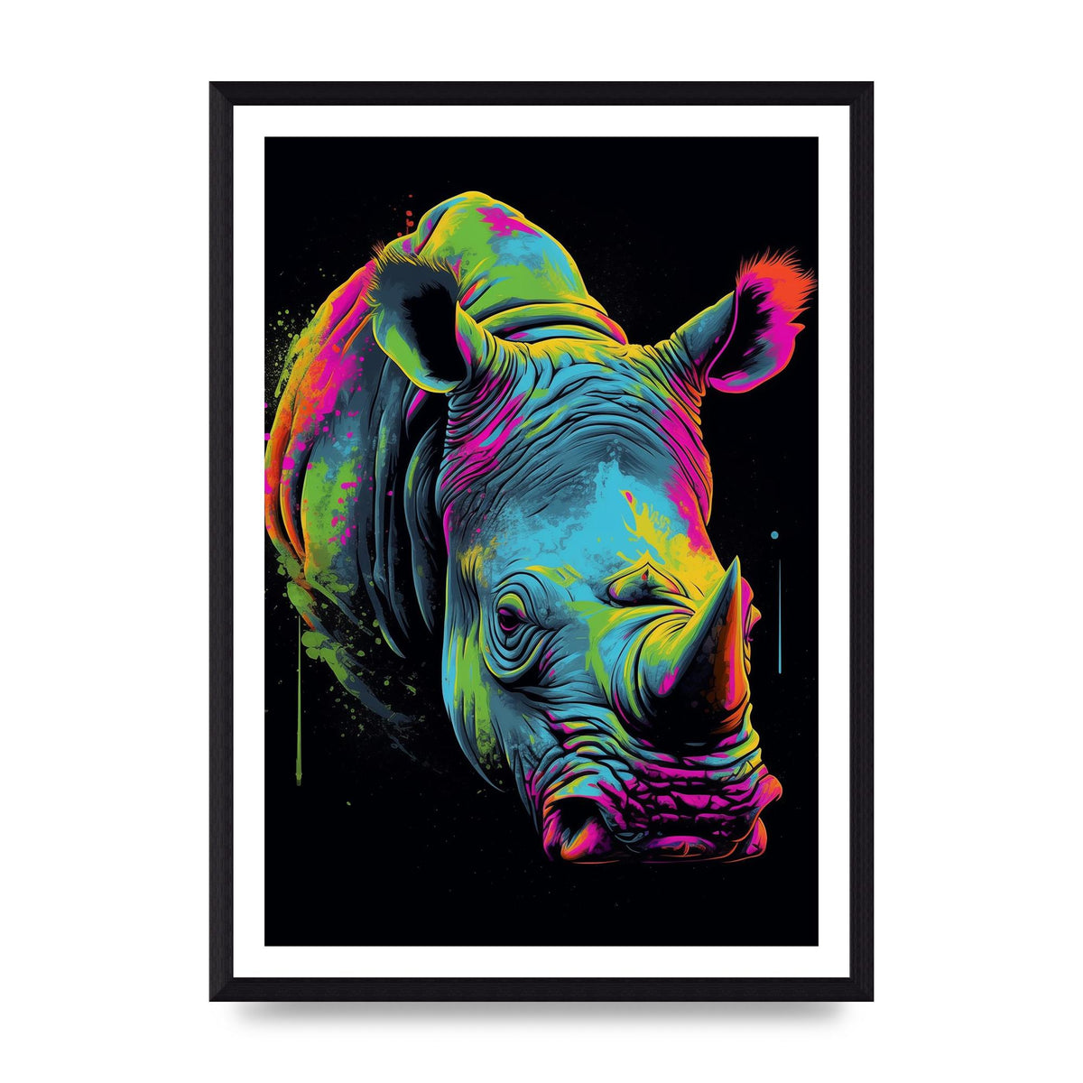 Vibrant Neon Rhino with Bold Paint Splashes