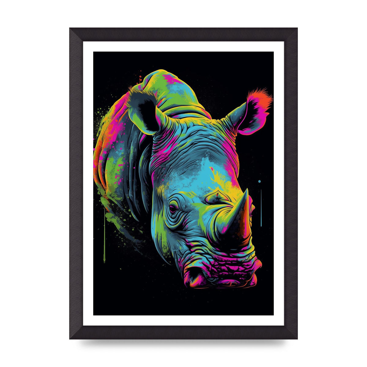 Vibrant Neon Rhino with Bold Paint Splashes