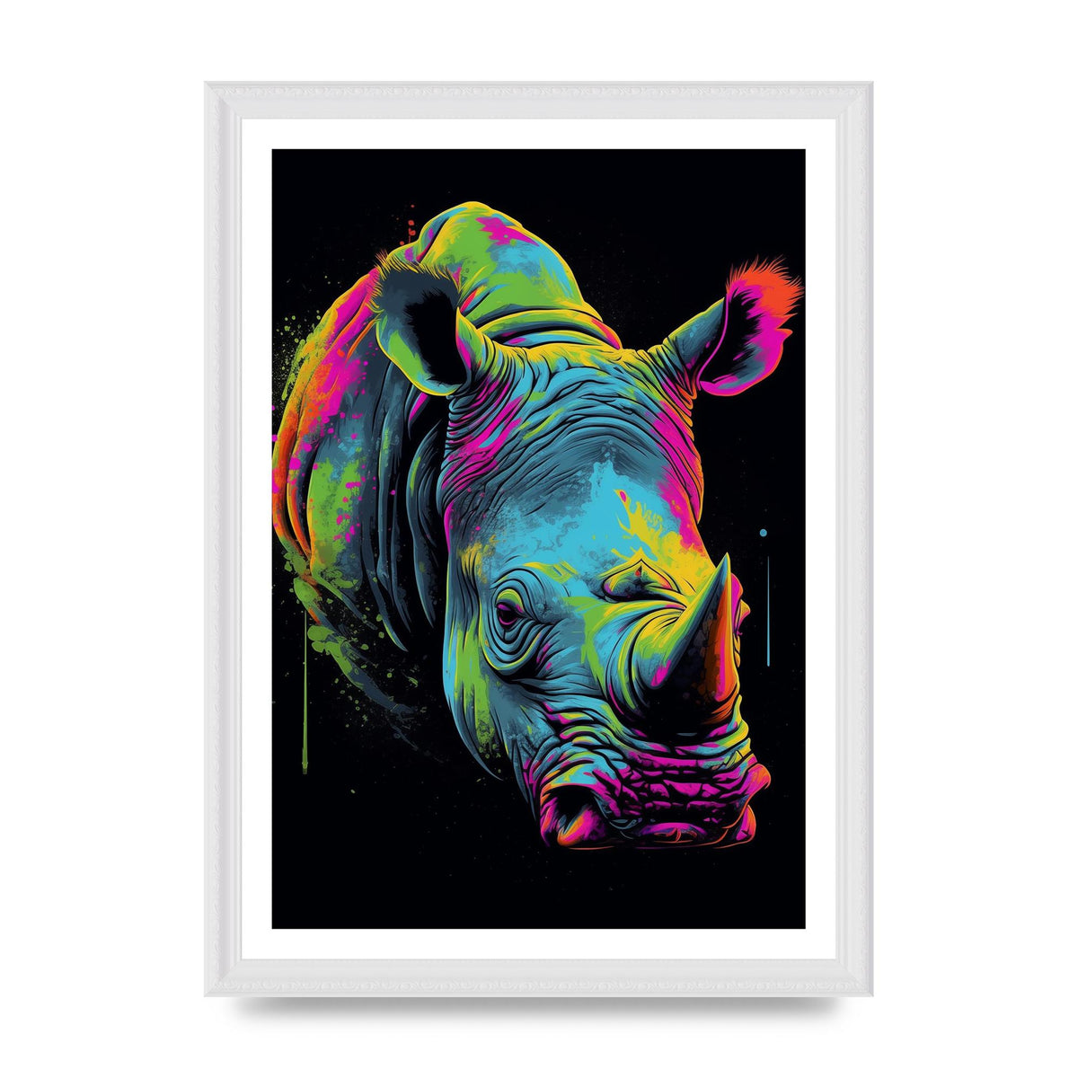 Vibrant Neon Rhino with Bold Paint Splashes