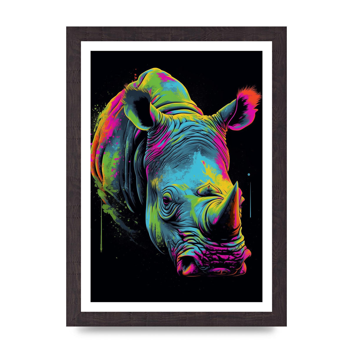 Vibrant Neon Rhino with Bold Paint Splashes